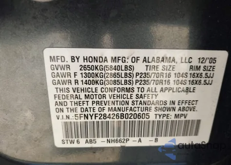 2006 Honda Pilot Ex z USA, uszkodzony, nr VIN 5FNYF28426B020605
